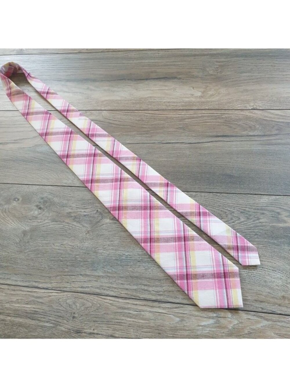 Neiman Marcus Plaid Cotton Tie Multicolor Pink Yellow White Designer Slim 57 x 3